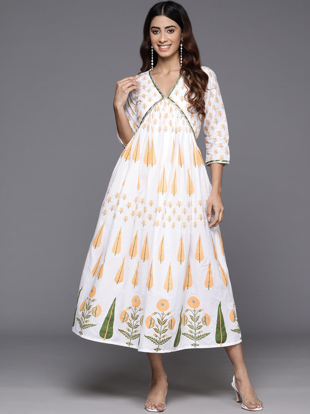 Ethnic Print Embellished Pure Cotton Empire Midi Dress