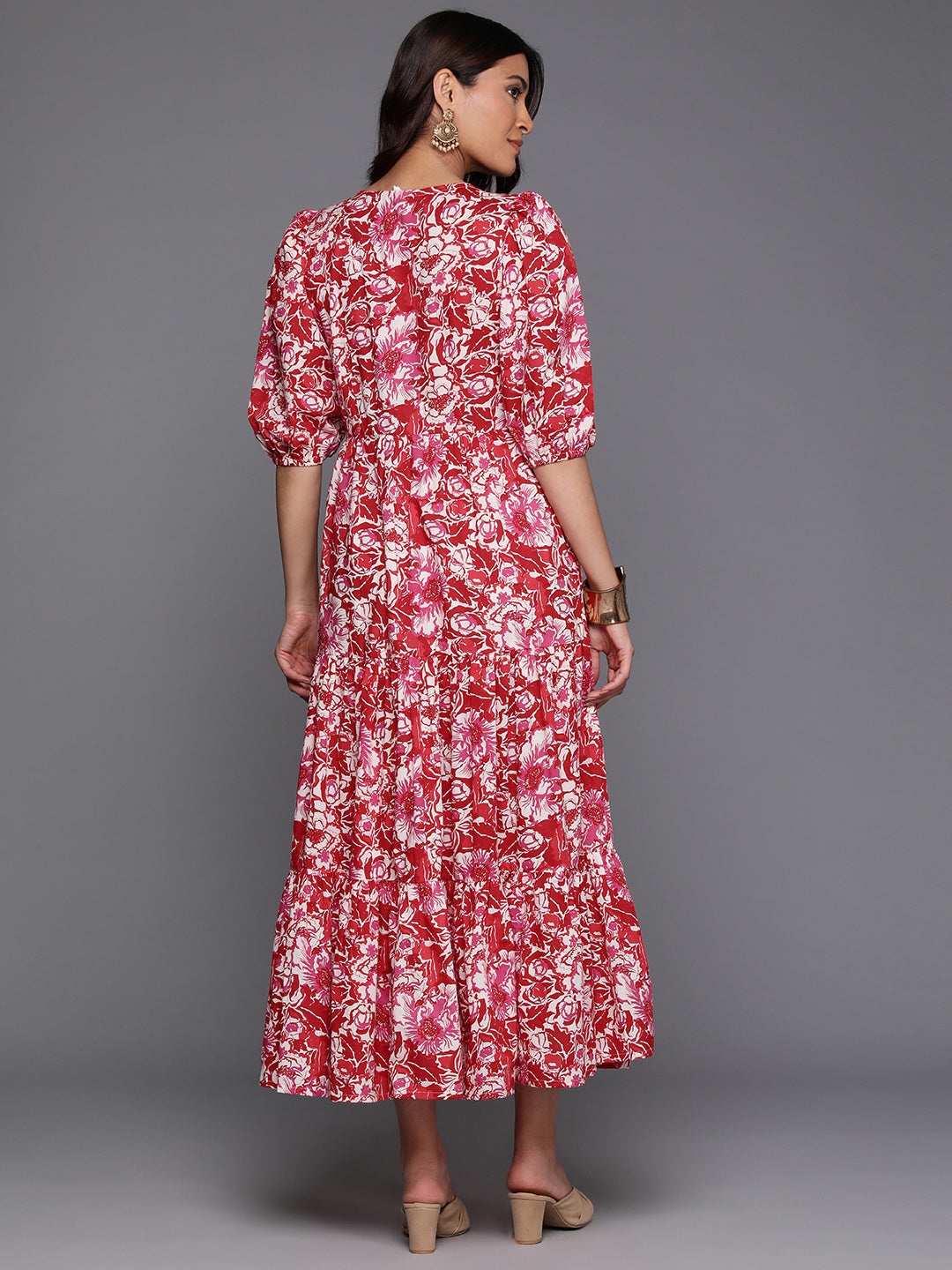 Floral Print Tie-Up Neck Puff Sleeve Cotton A-Line Midi Dress