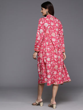 Floral Print Mandarin Collar Crepe Ethnic Dress