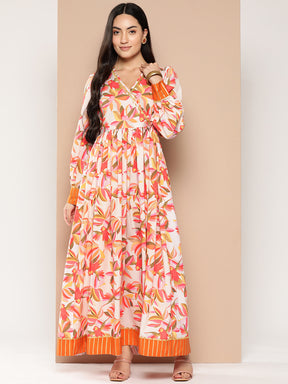 Ahalyaa Floral Printed Tie-Ups Crepe Empire Ethnic Dress