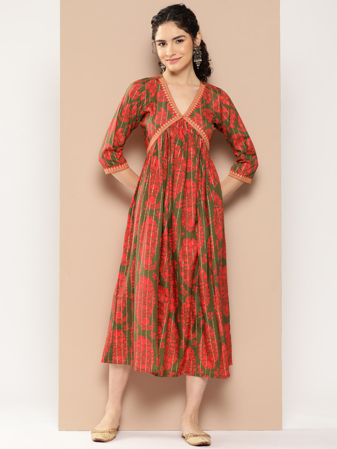 Green & Red Floral Print Flared A-Line Midi Dress