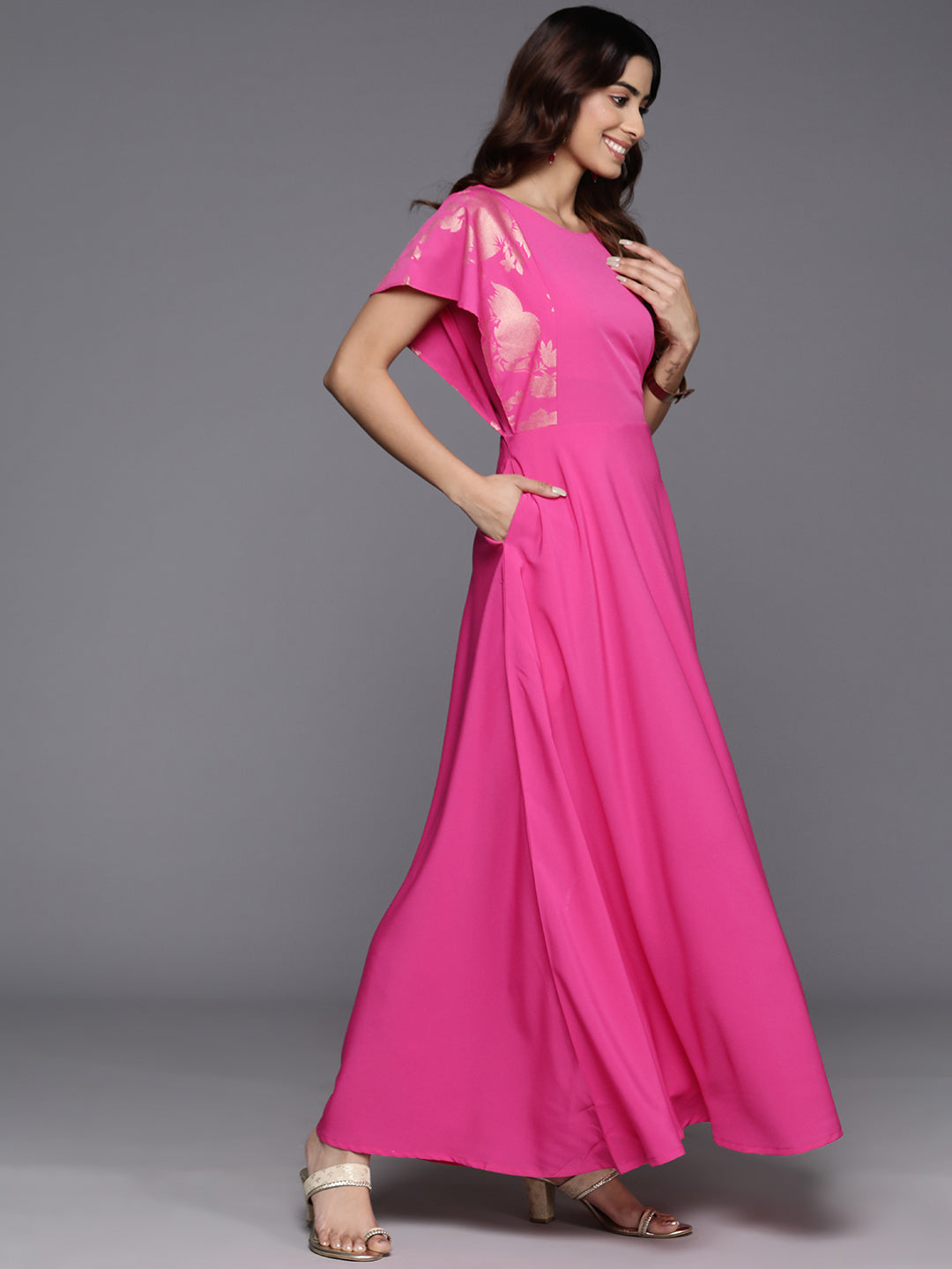 Flutter Sleeves Crepe Ethnic Gown