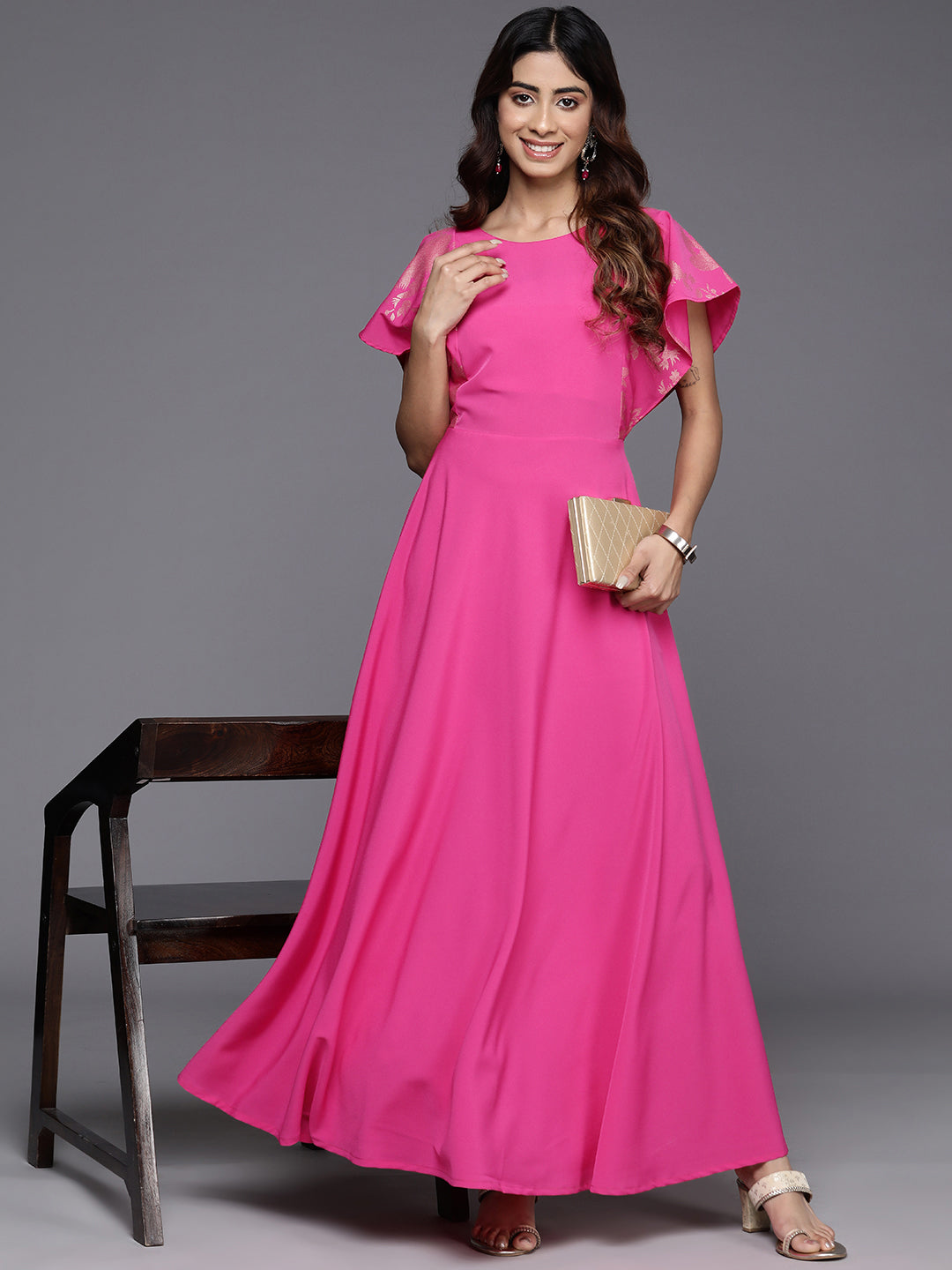 Flutter Sleeves Crepe Ethnic Gown