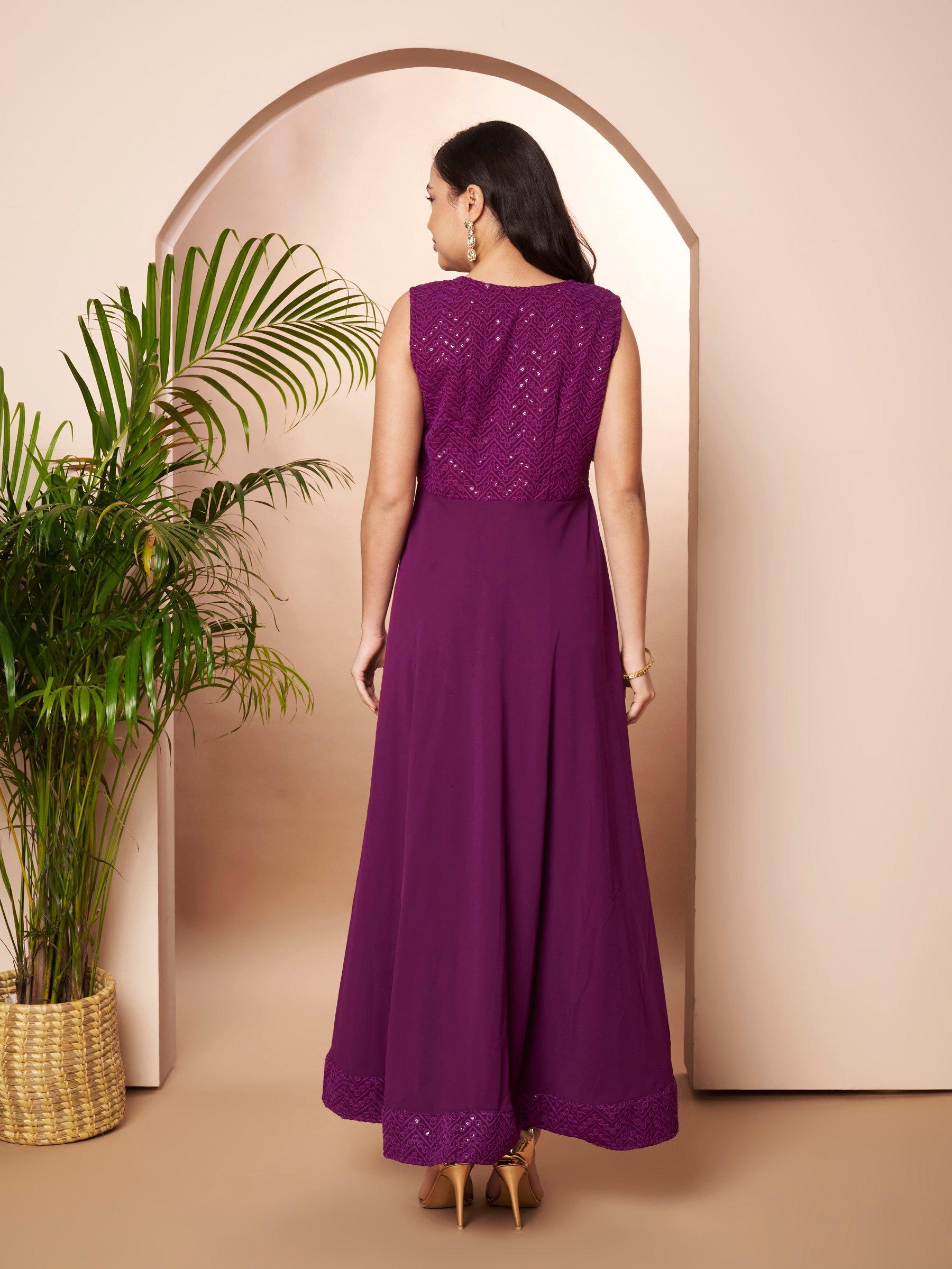 Ahalyaa Purple Georgette Embroidered Ethnic Dress