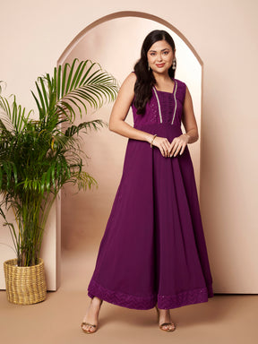 Ahalyaa Purple Georgette Embroidered Ethnic Dress