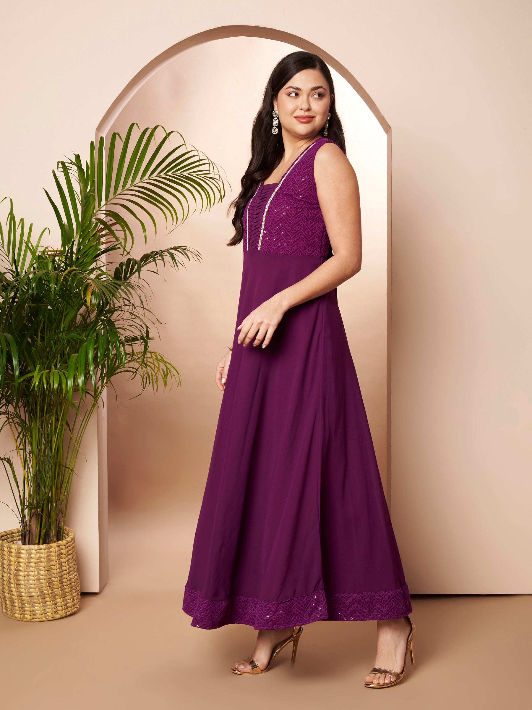 Ahalyaa Purple Georgette Embroidered Ethnic Dress