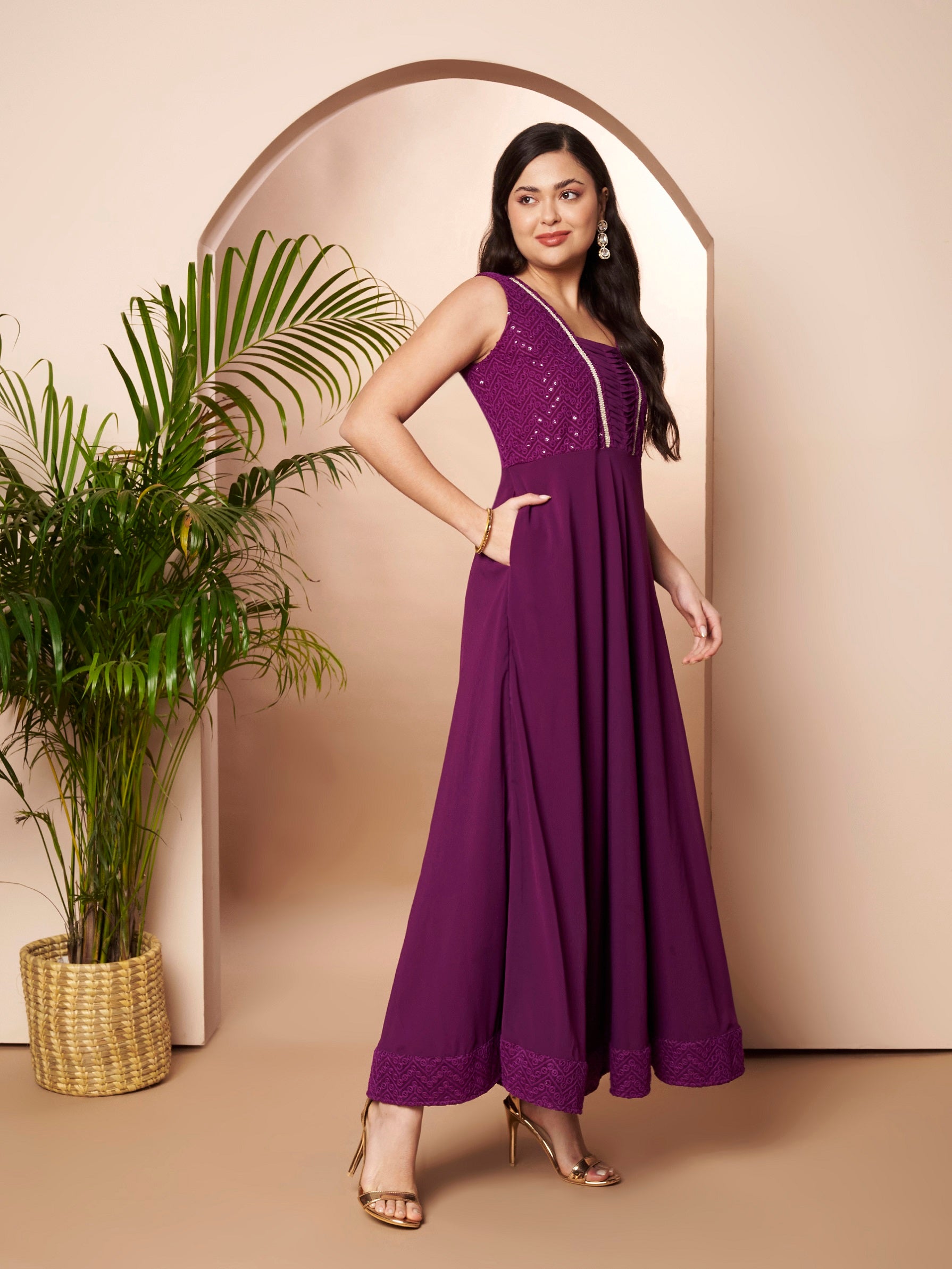 Ahalyaa Purple Georgette Embroidered Ethnic Dress