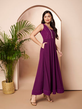 Ahalyaa Purple Georgette Embroidered Ethnic Dress