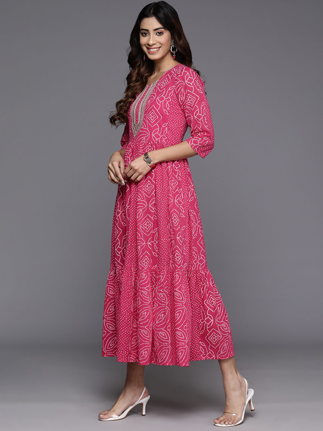 Bandhani Printed Sequined Tiered A-Line Pure Cotton Ethnic Dress