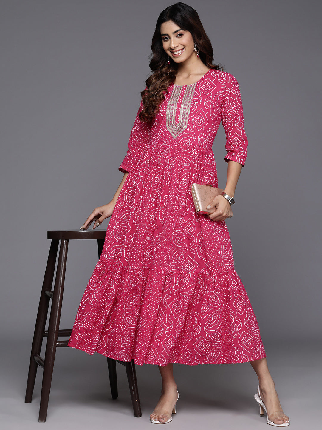 Bandhani Printed Sequined Tiered A-Line Pure Cotton Ethnic Dress