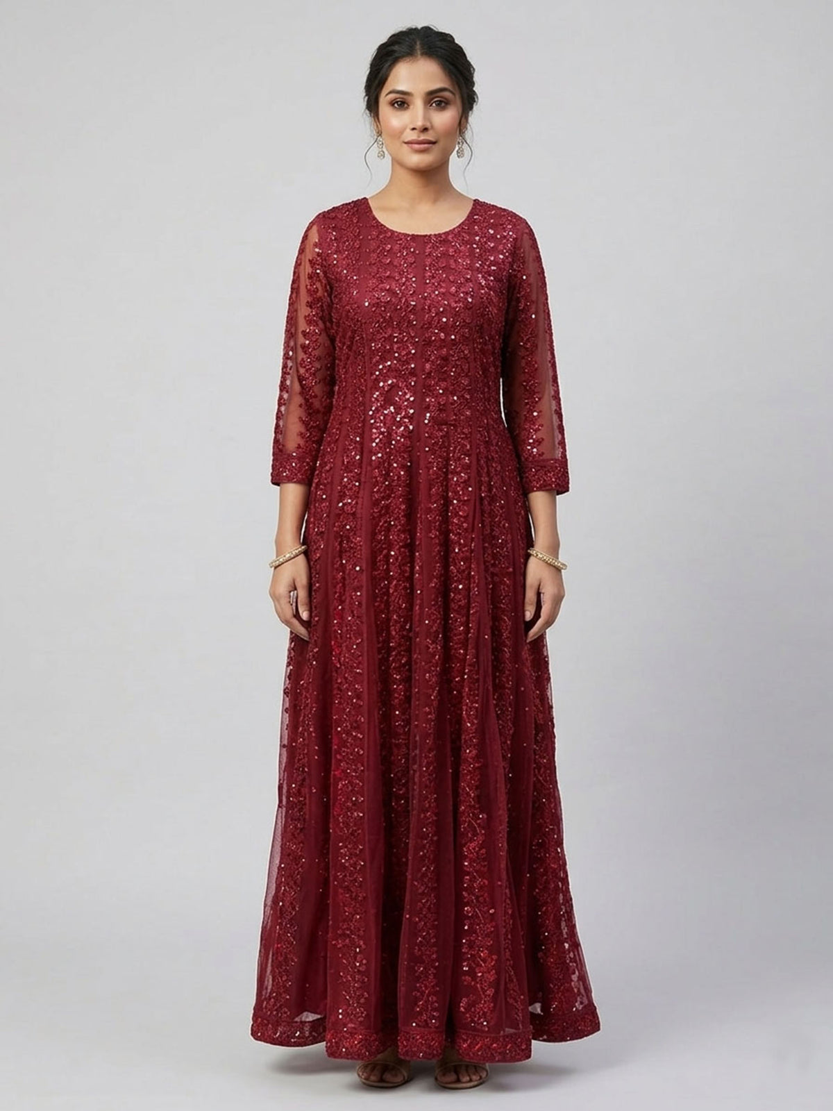Elegant Burgundy Embroidered Floor-Length Ethnic Dress