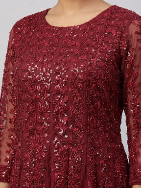 Elegant Burgundy Embroidered Floor-Length Ethnic Dress