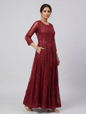 Elegant Burgundy Embroidered Floor-Length Ethnic Dress