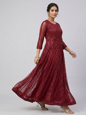 Elegant Burgundy Embroidered Floor-Length Ethnic Dress