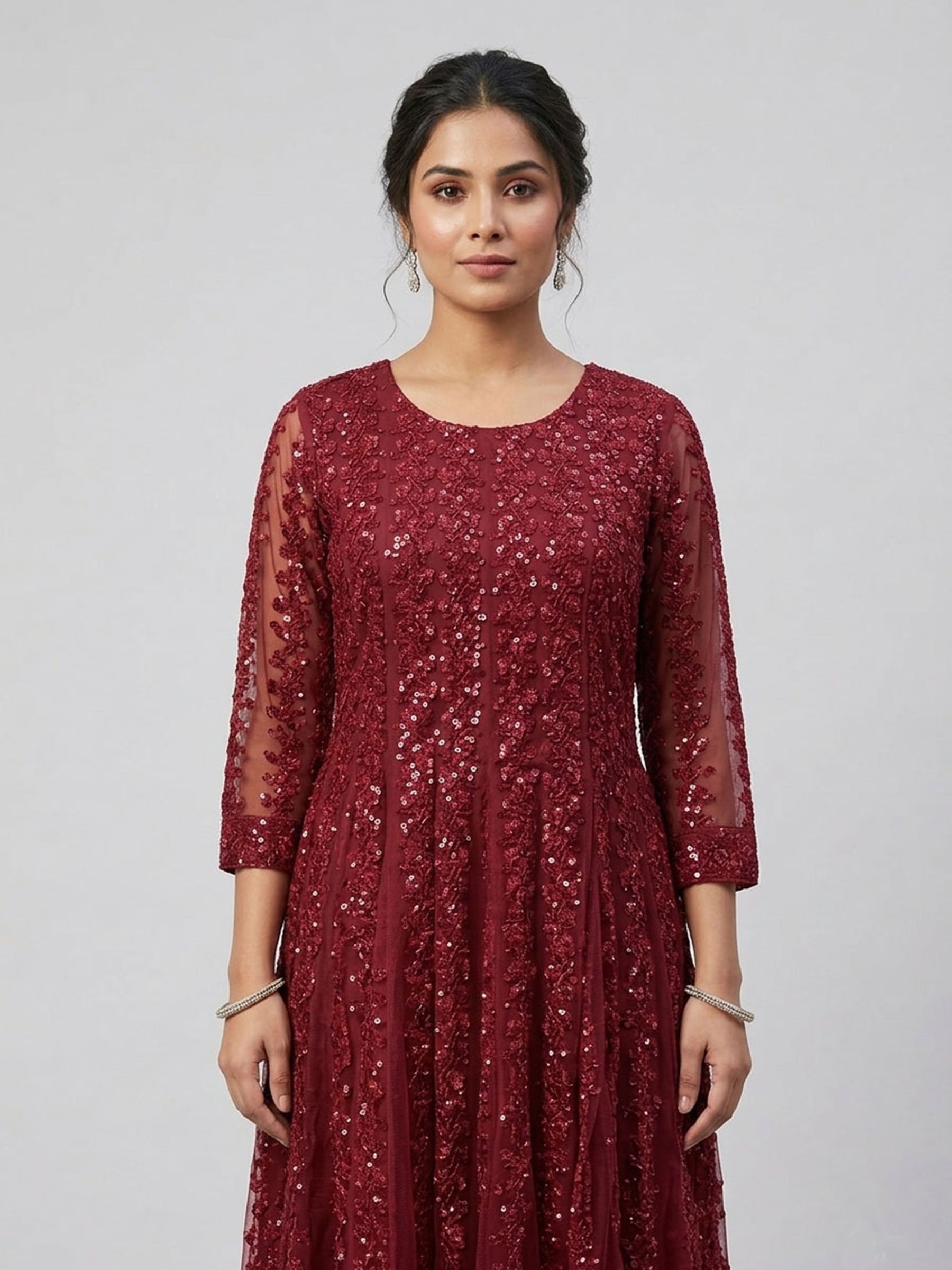 Elegant Burgundy Embroidered Floor-Length Ethnic Dress