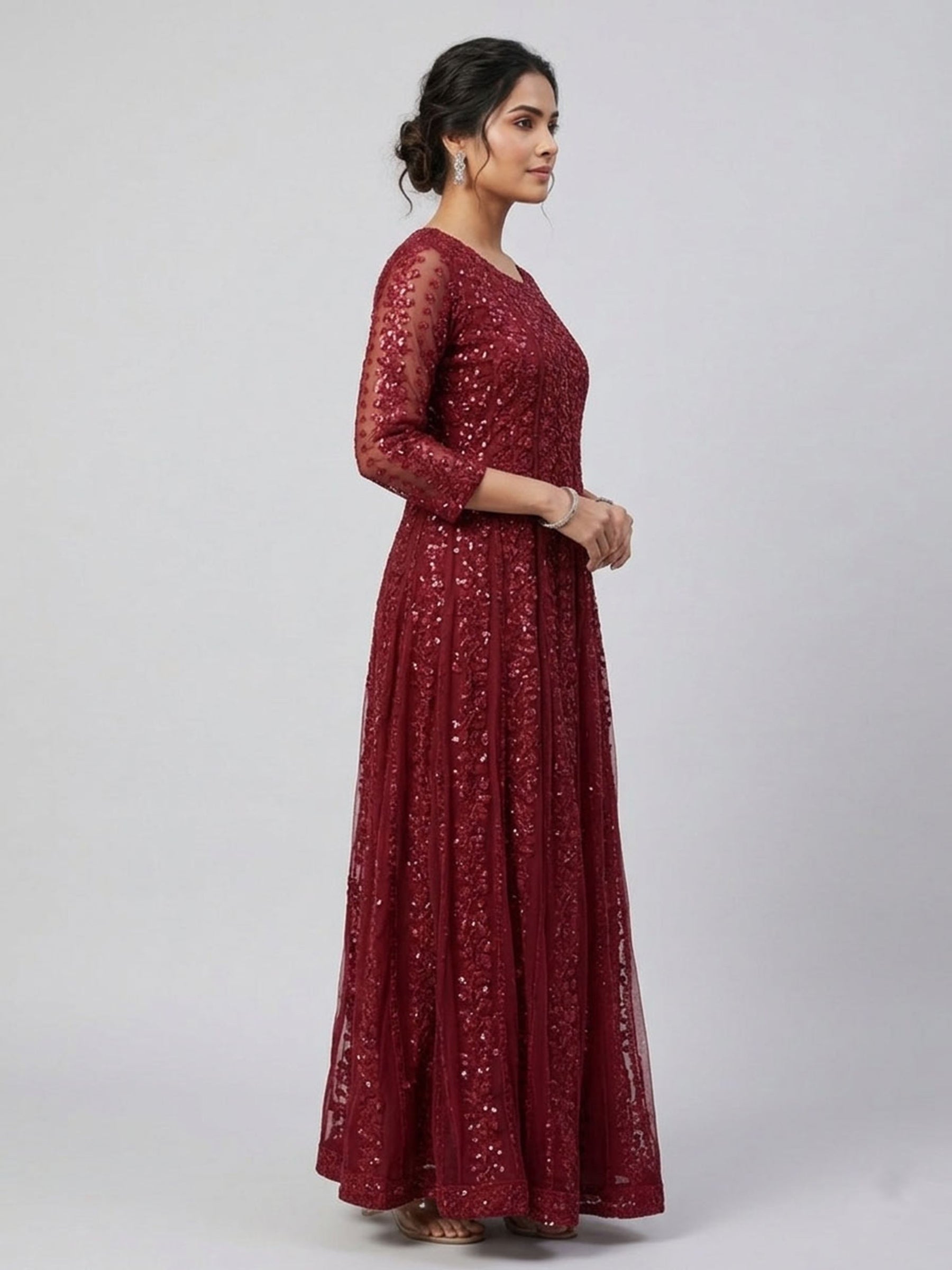 Elegant Burgundy Embroidered Floor-Length Ethnic Dress