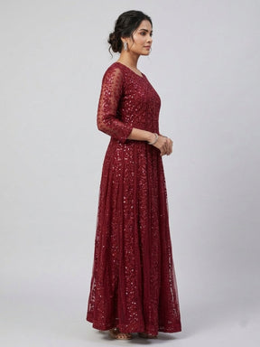 Elegant Burgundy Embroidered Floor-Length Ethnic Dress