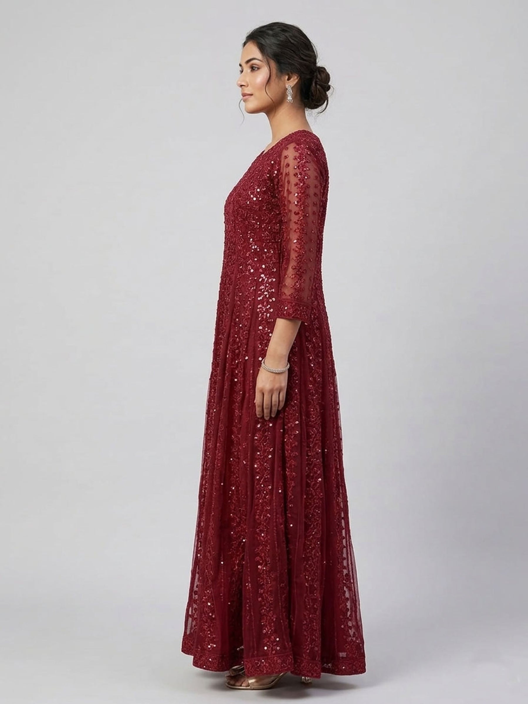 Elegant Burgundy Embroidered Floor-Length Ethnic Dress