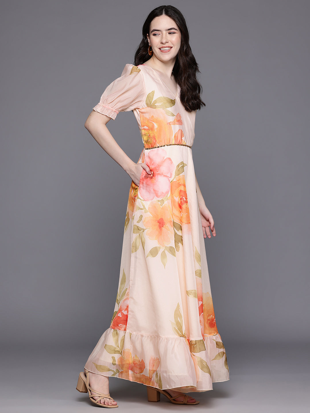 Floral Print Puff Sleeve Maxi Dress