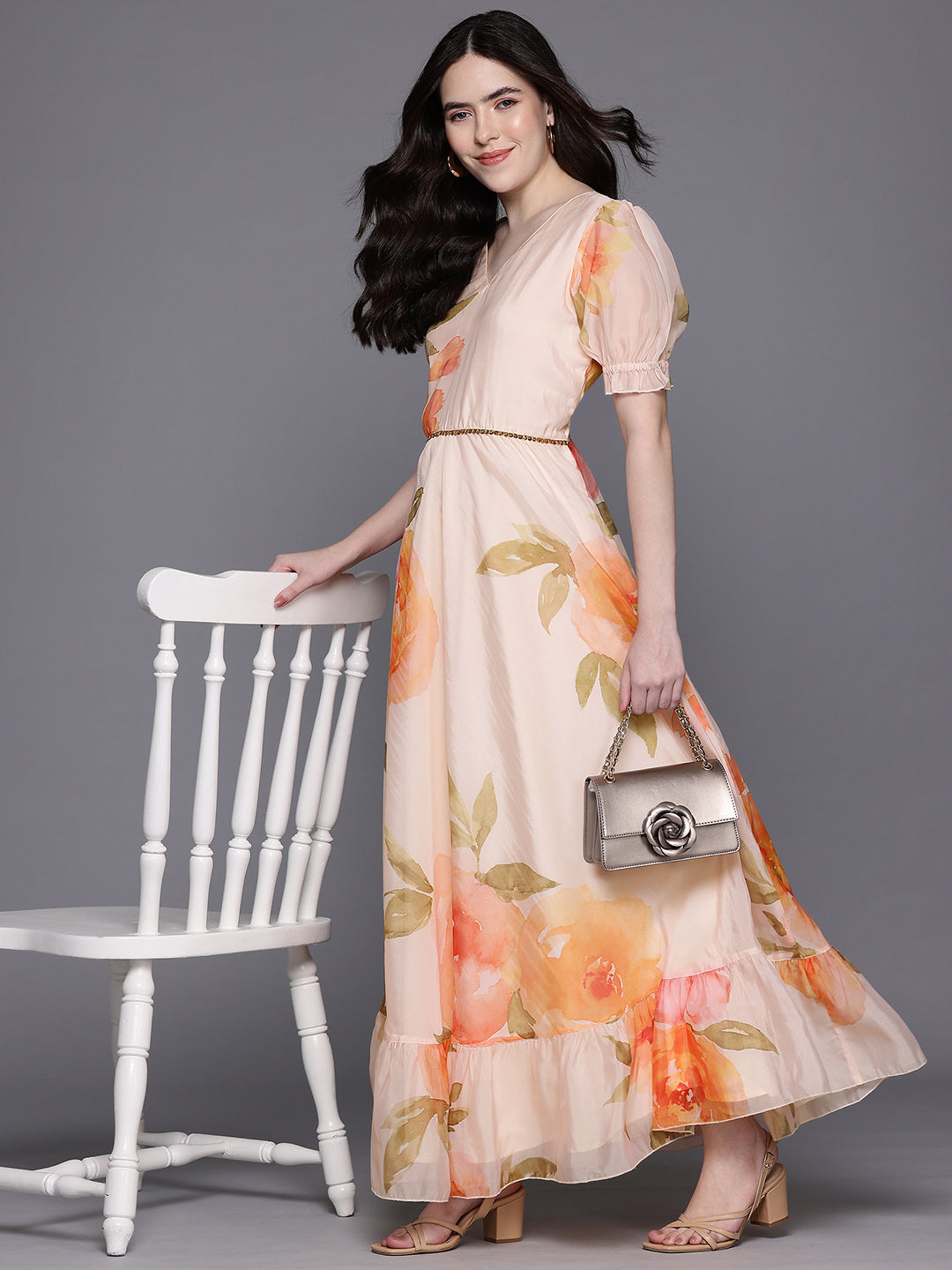 Floral Print Puff Sleeve Maxi Dress