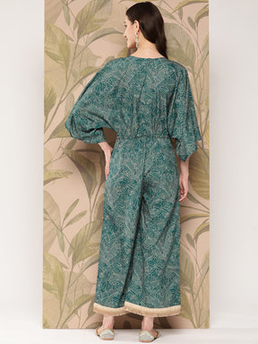 Green Printed Jumpsuit with Lace Inserts