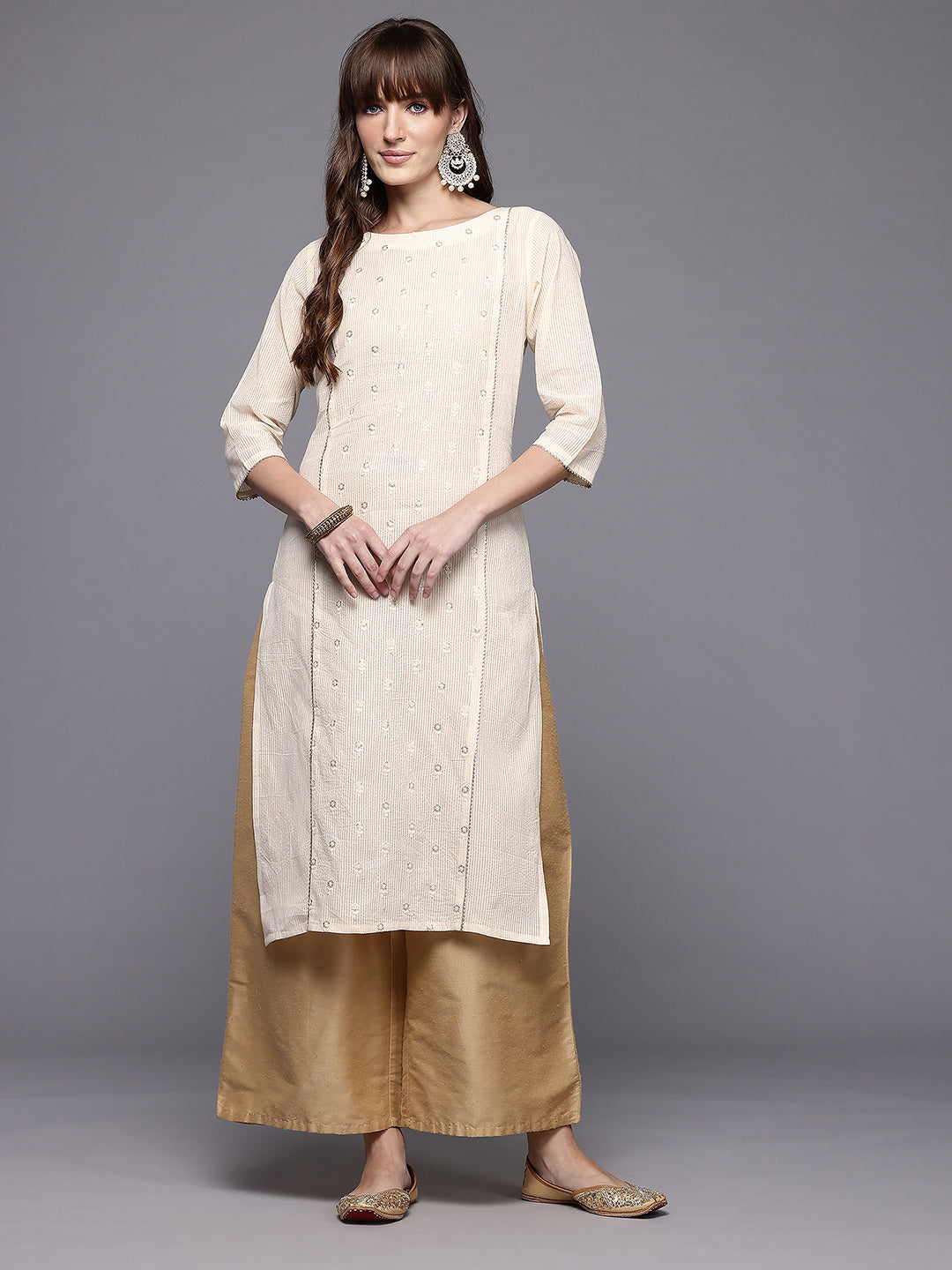 Women Embroidered Sequinned Pure Cotton Kurta