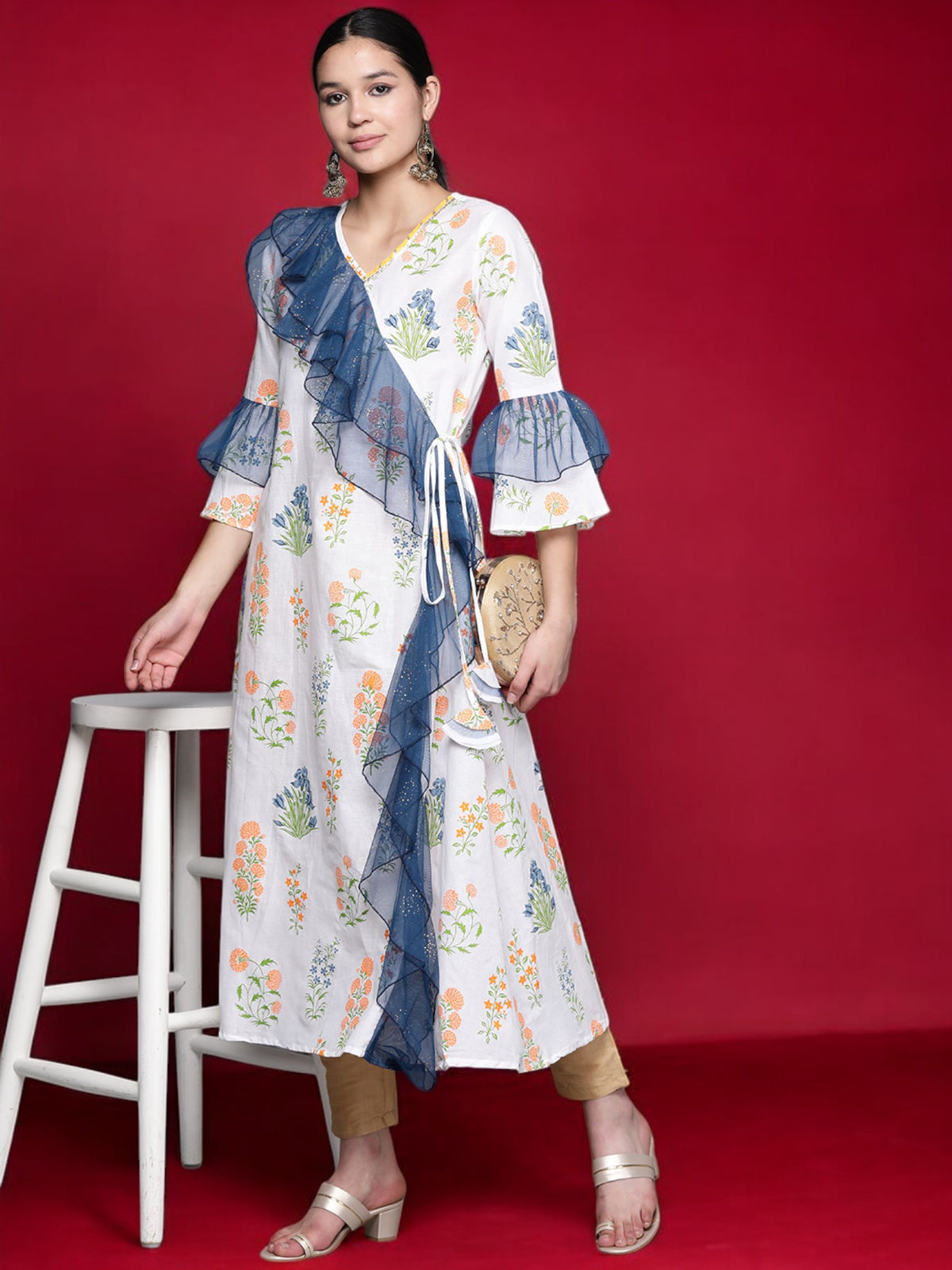 White & Blue Printed A-Line Pure Cotton Kurta