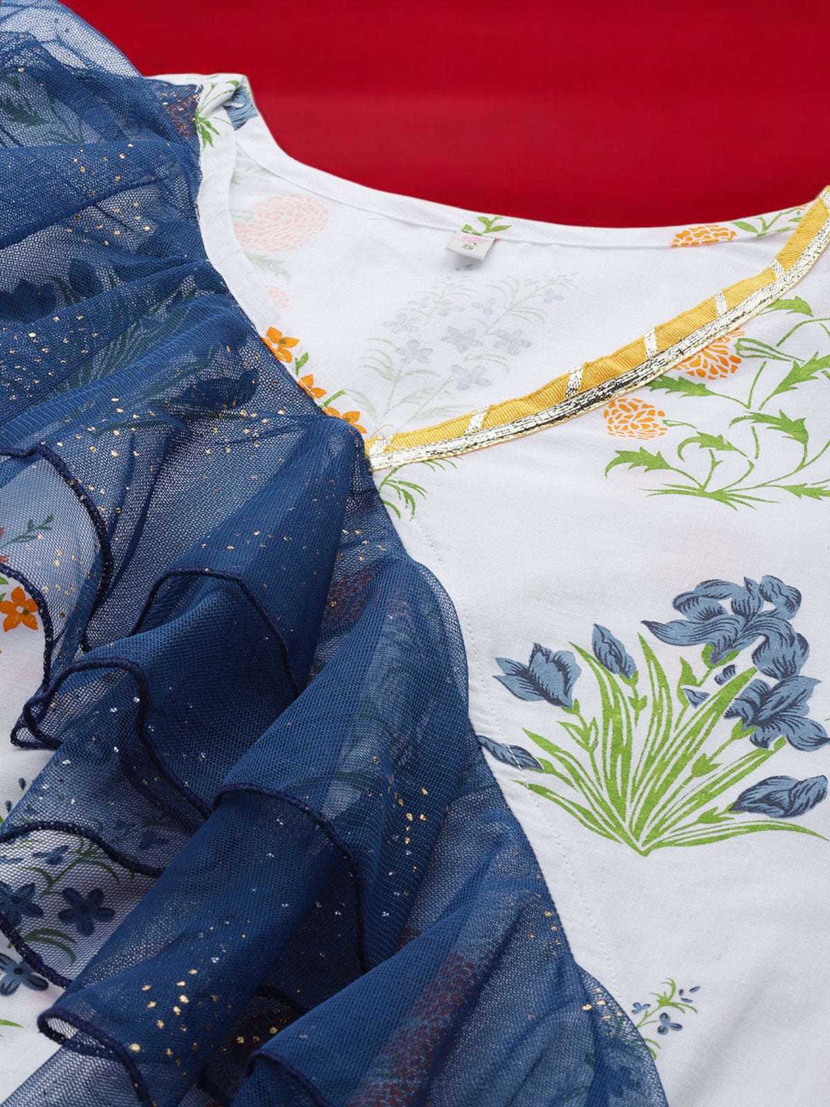 White & Blue Printed A-Line Pure Cotton Kurta