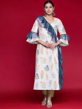 White & Blue Printed A-Line Pure Cotton Kurta