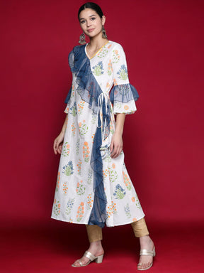 White & Blue Printed A-Line Pure Cotton Kurta