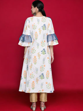 White & Blue Printed A-Line Pure Cotton Kurta