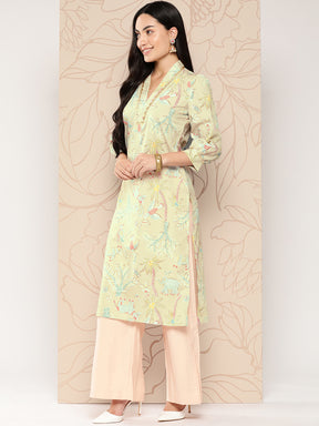 Tan Floral Printed Gotta Patti Kurta