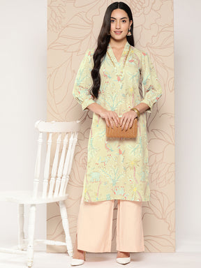 Tan Floral Printed Gotta Patti Kurta