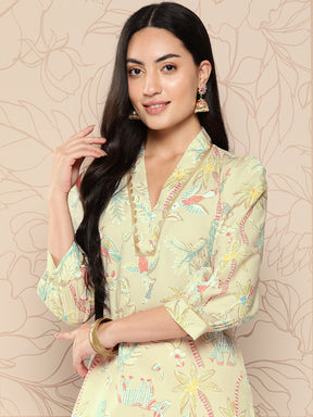Tan Floral Printed Gotta Patti Kurta