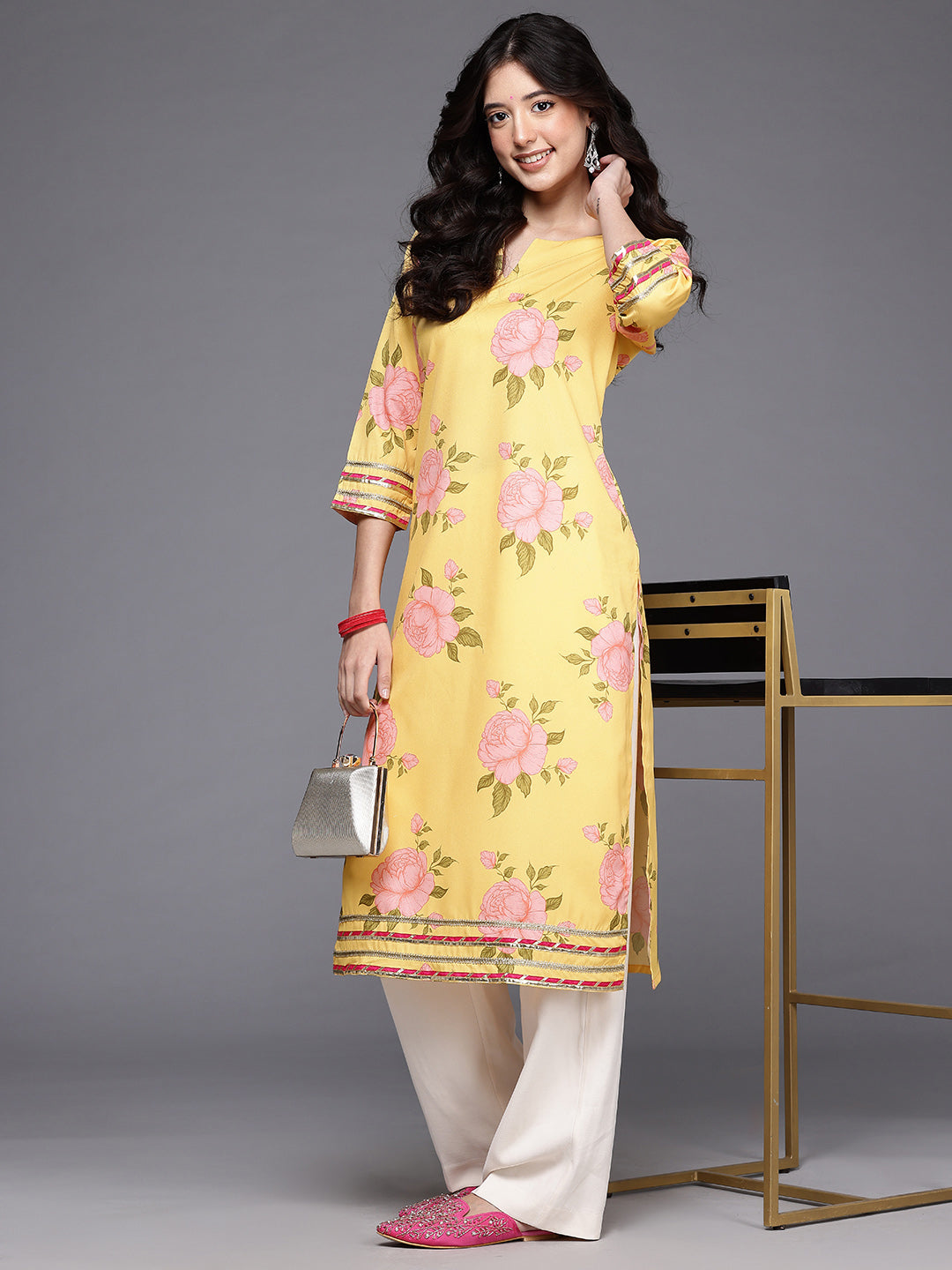 Floral Printed Gotta Patti Crepe Kurta