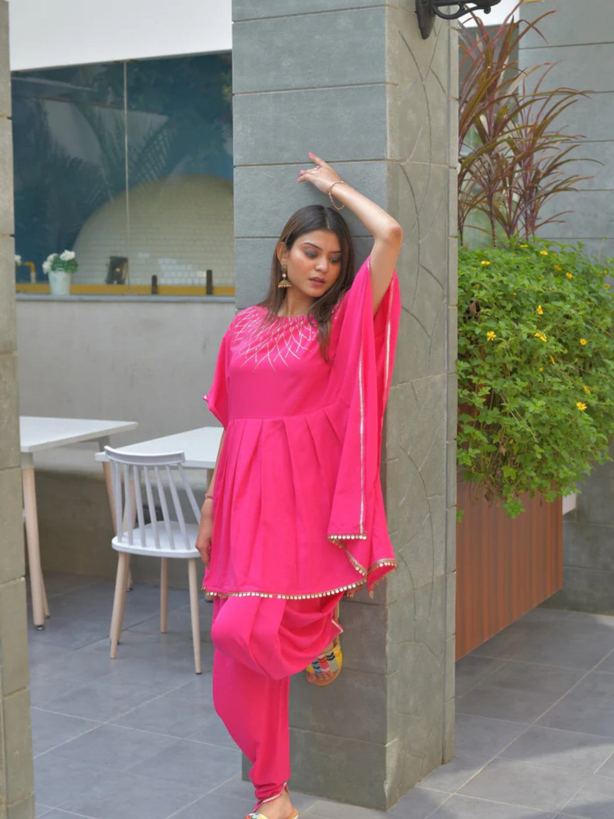 Pink Glitter Printed Kurta with Dhoti Pants