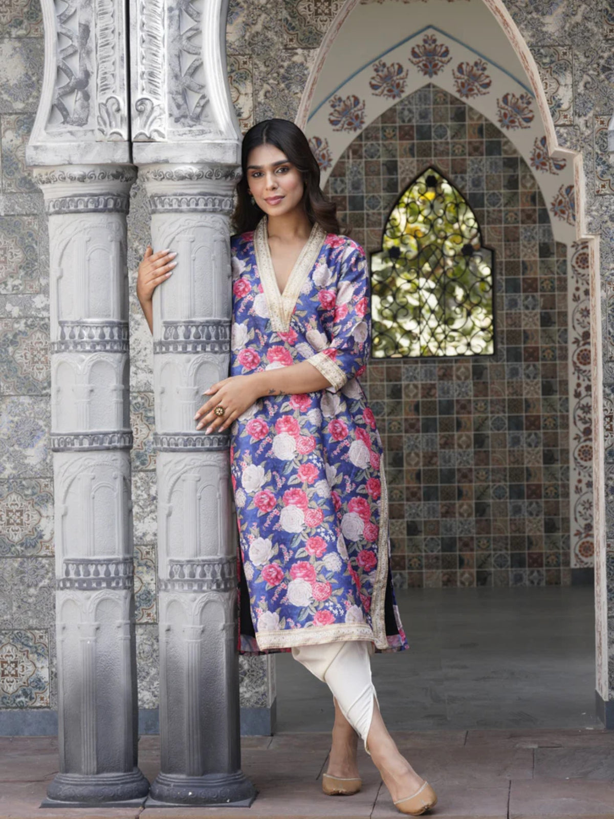 Navy Blue Floral Printed Kurta with Dhoti Pants