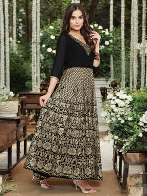 Black Georgette Gold Foil Print Flared Kurta with Dupatta Black Georgette Gold Foil Print Flared Kurta with Dupatta