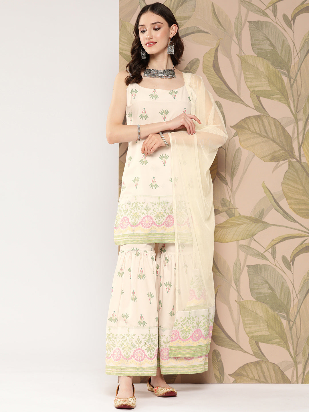 Off White Floral Printed Kurti with Sharara & With Dupatta