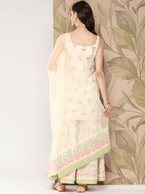 Women's Off White Floral Printed Sharara Set With Dupatta