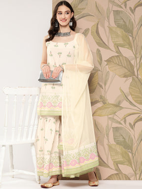 Women's Off White Floral Printed Sharara Set With Dupatta