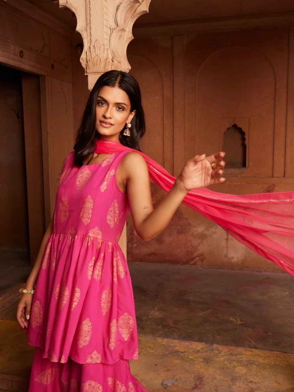 Women's Pink & Golden Foil Print Sharara Set With Dupatta