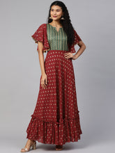 Maroon & Golden Printed Fit and Flare Maxi Dress