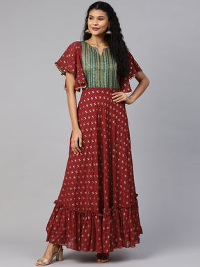Maroon & Golden Printed Fit and Flare Maxi Dress