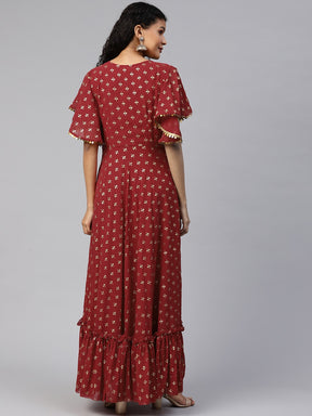 Maroon & Golden Printed Fit and Flare Maxi Dress