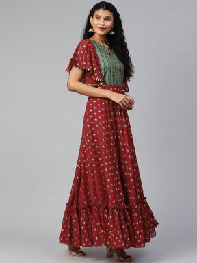 Maroon & Golden Printed Fit and Flare Maxi Dress