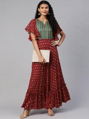 Maroon & Golden Printed Fit and Flare Maxi Dress
