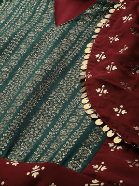 Maroon & Golden Printed Fit and Flare Maxi Dress