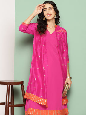 Pink Solid Kurta with Palazzos & Printed Jacket