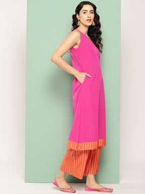 Pink Solid Kurta with Palazzos & Printed Jacket